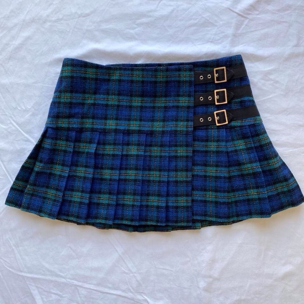 Juicy Couture Vintage Y2K Green Blue Plaid Pleated Mini Skirt Small - Picture 3 of 5